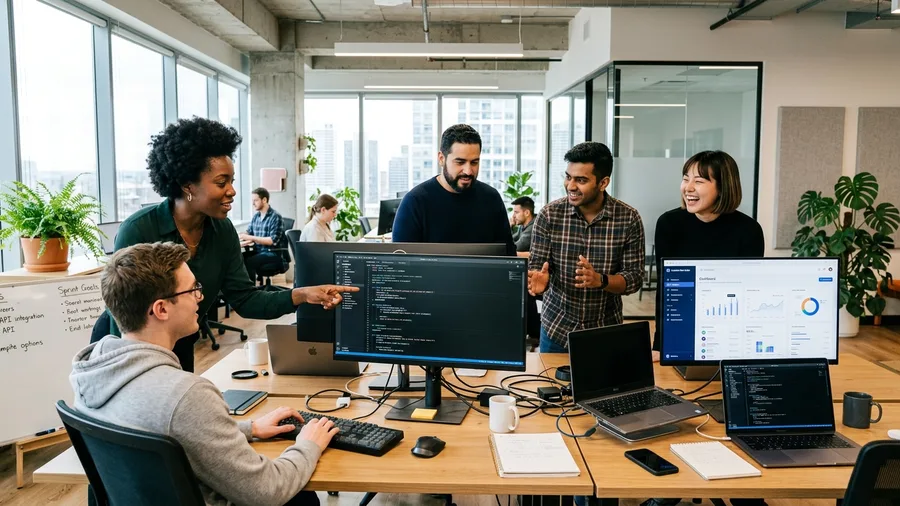 The Silex team working together around a bank of monitors