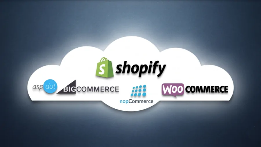 Logos of the five e-commerce platforms Silex builds on: Shopify, BigCommerce, WooCommerce, nopCommerce and AspDotNetStorefront