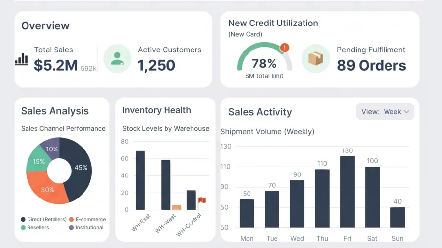A B2B buyer portal dashboard showing total sales, active customers, credit utilisation, pending fulfilment, inventory health and weekly shipment volume