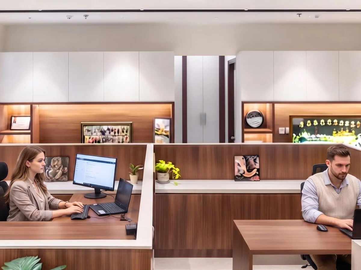 A bank branch counter where staff place equipment orders