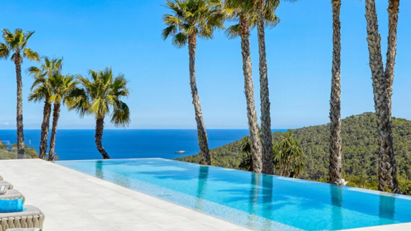 Infinity pool and palms overlooking the sea at a luxury vacation rental