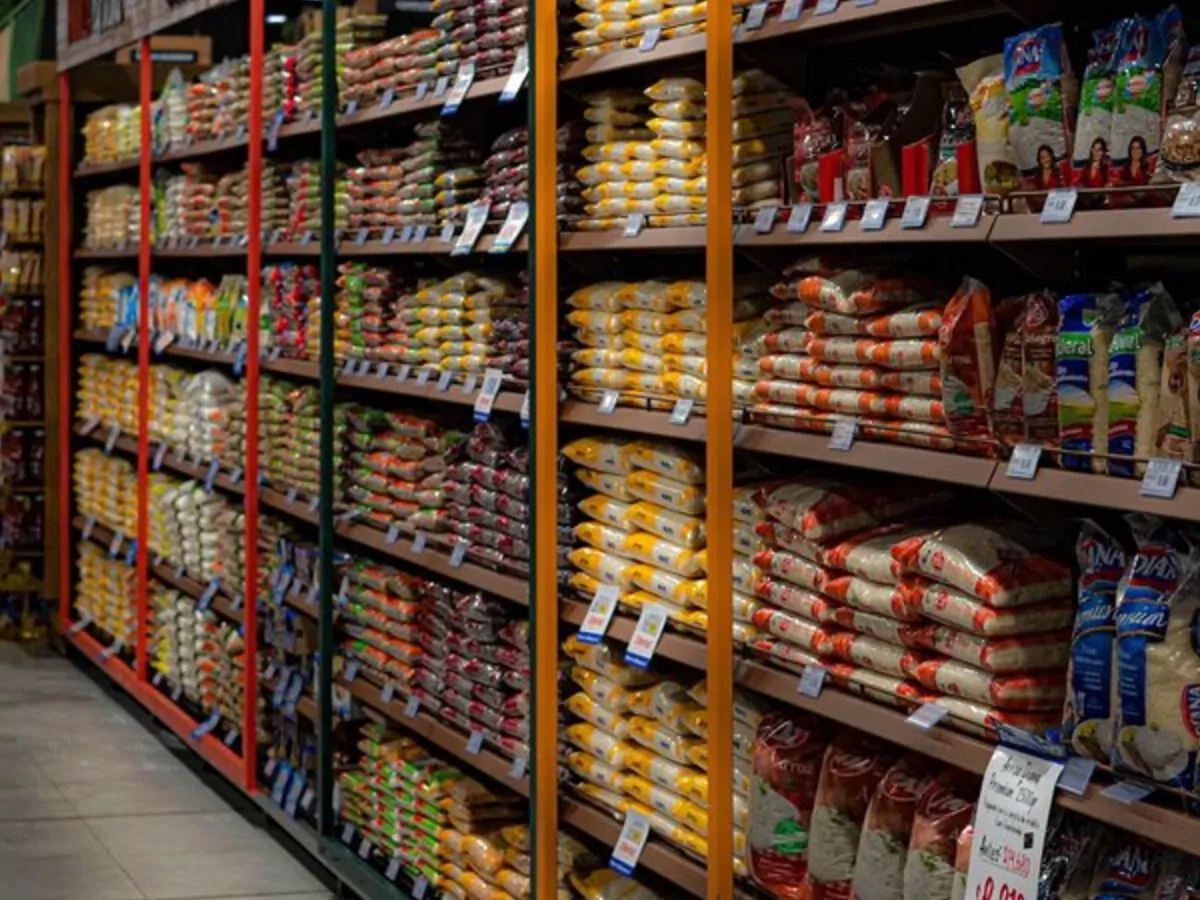 Stocked grocery aisle in a retail store