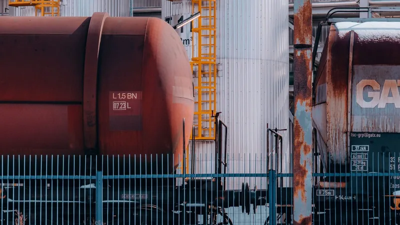 Rail tank wagons alongside bulk fuel storage tanks