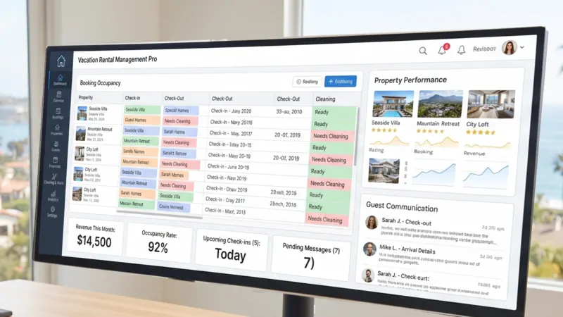 Vacation rental management software dashboard showing bookings, occupancy, revenue and guest messages for an Orlando-area operator
