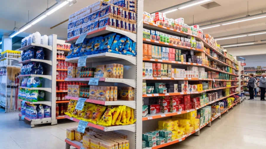 A fully stocked supermarket aisle in a high-volume retail store, with packaged grocery lines, shelf-edge price labels and shoppers browsing