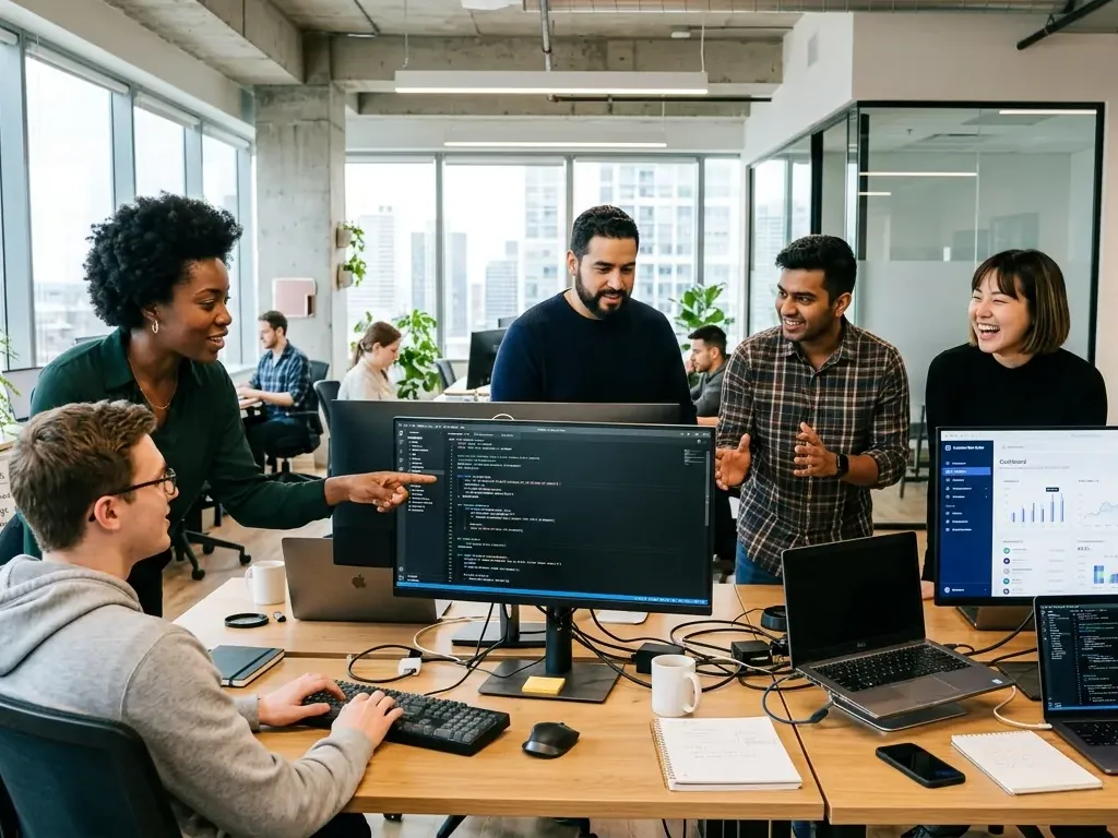 Silex engineers reviewing code together on a large monitor