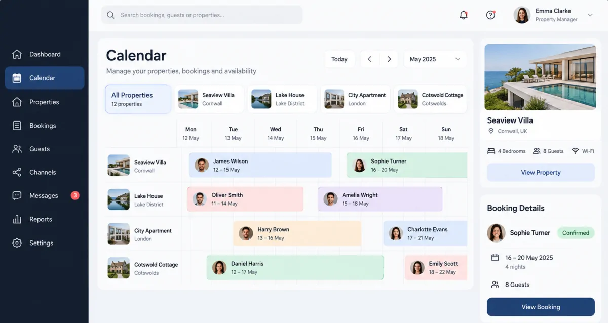 Vacation rental management software dashboard showing a multi-property booking calendar, property details and guest booking information